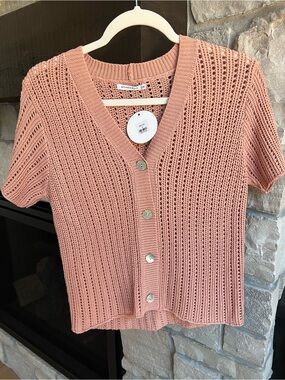 Staccato crochet v neck button down short sleeve top, peach colored